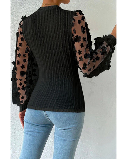 Azura Exchange Textured Knit Blouse with Floral Applique Mesh Sleeves - M