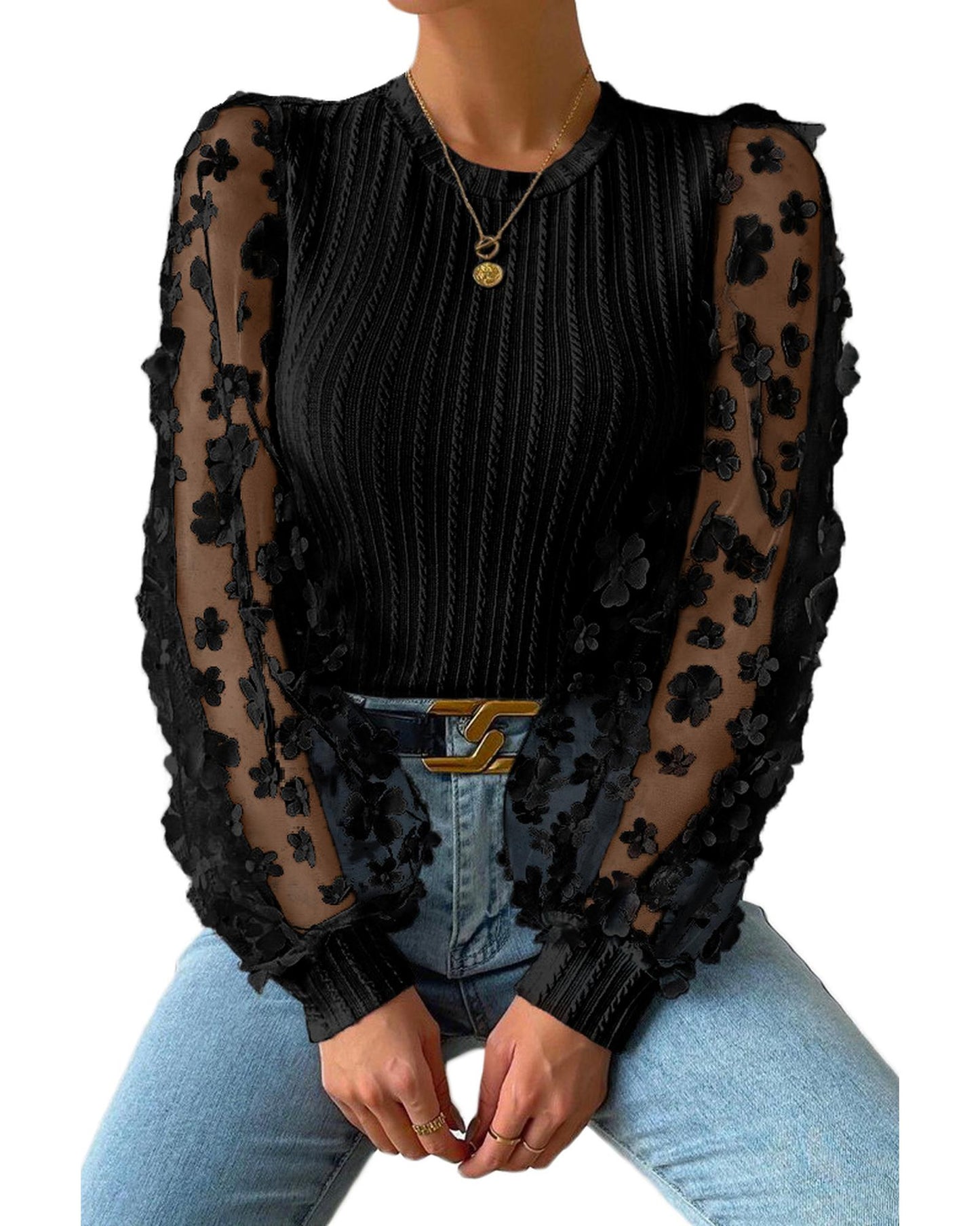 Azura Exchange Textured Knit Blouse with Floral Applique Mesh Sleeves - XL