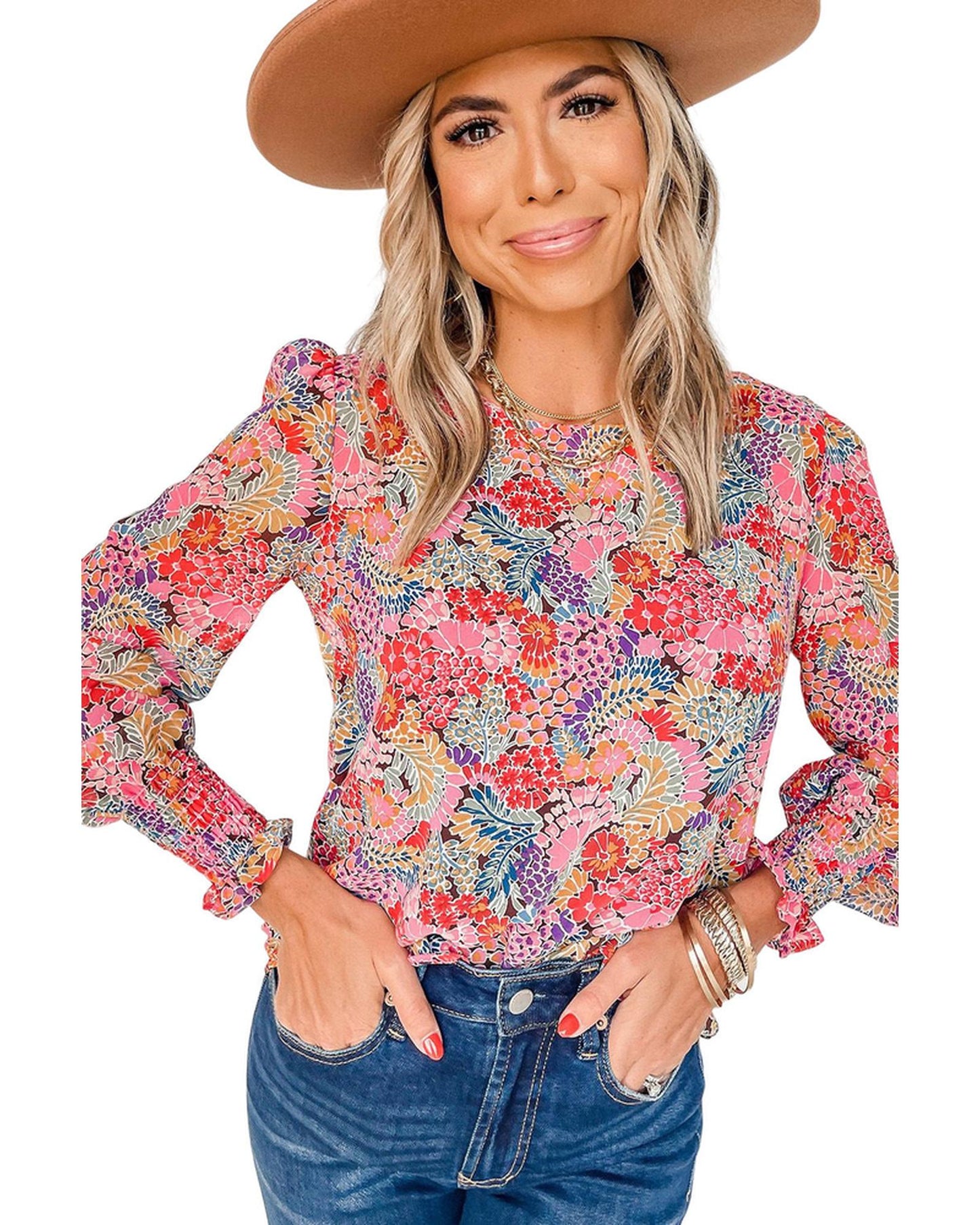 Azura Exchange Floral Puff Sleeve Blouse - L