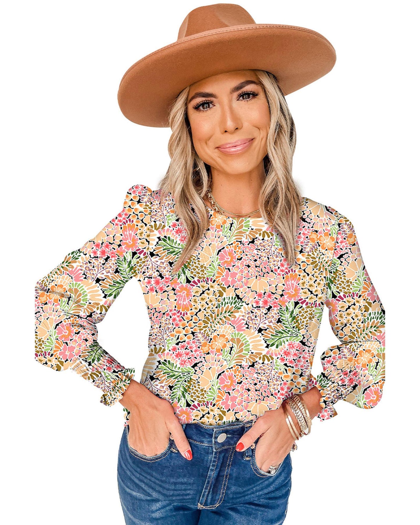 Azura Exchange Floral Print Puff Sleeve Blouse - L