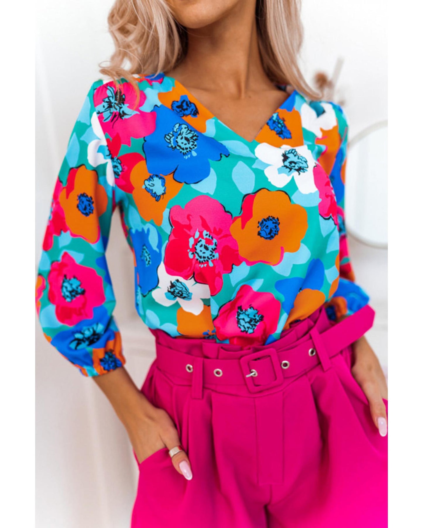 Azura Exchange Floral Print V Neck Blouse - L