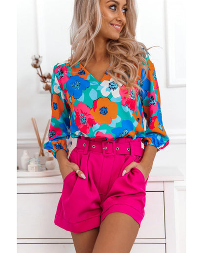 Azura Exchange Floral Print V Neck Blouse - XL