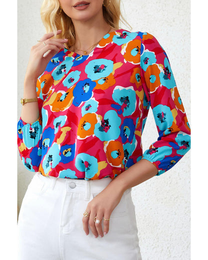 Azura Exchange V Neck 3/4 Sleeve Floral Print Blouse - L