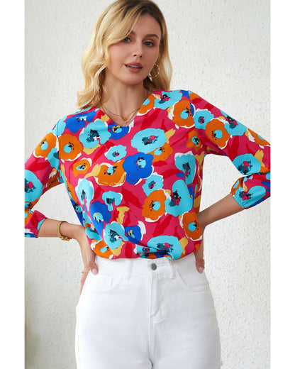 Azura Exchange V Neck 3/4 Sleeve Floral Print Blouse - L