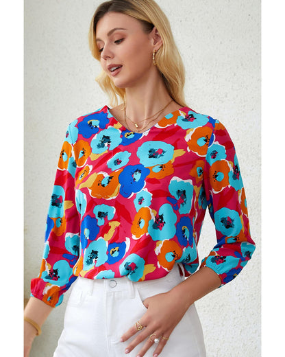 Azura Exchange V Neck 3/4 Sleeve Floral Print Blouse - L