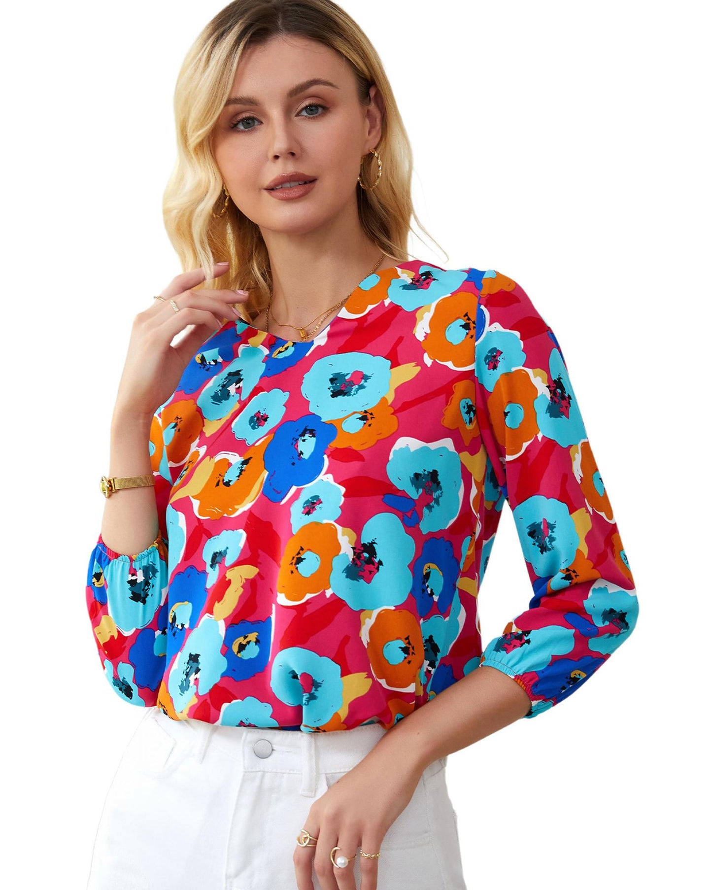 Azura Exchange V Neck 3/4 Sleeve Floral Print Blouse - L