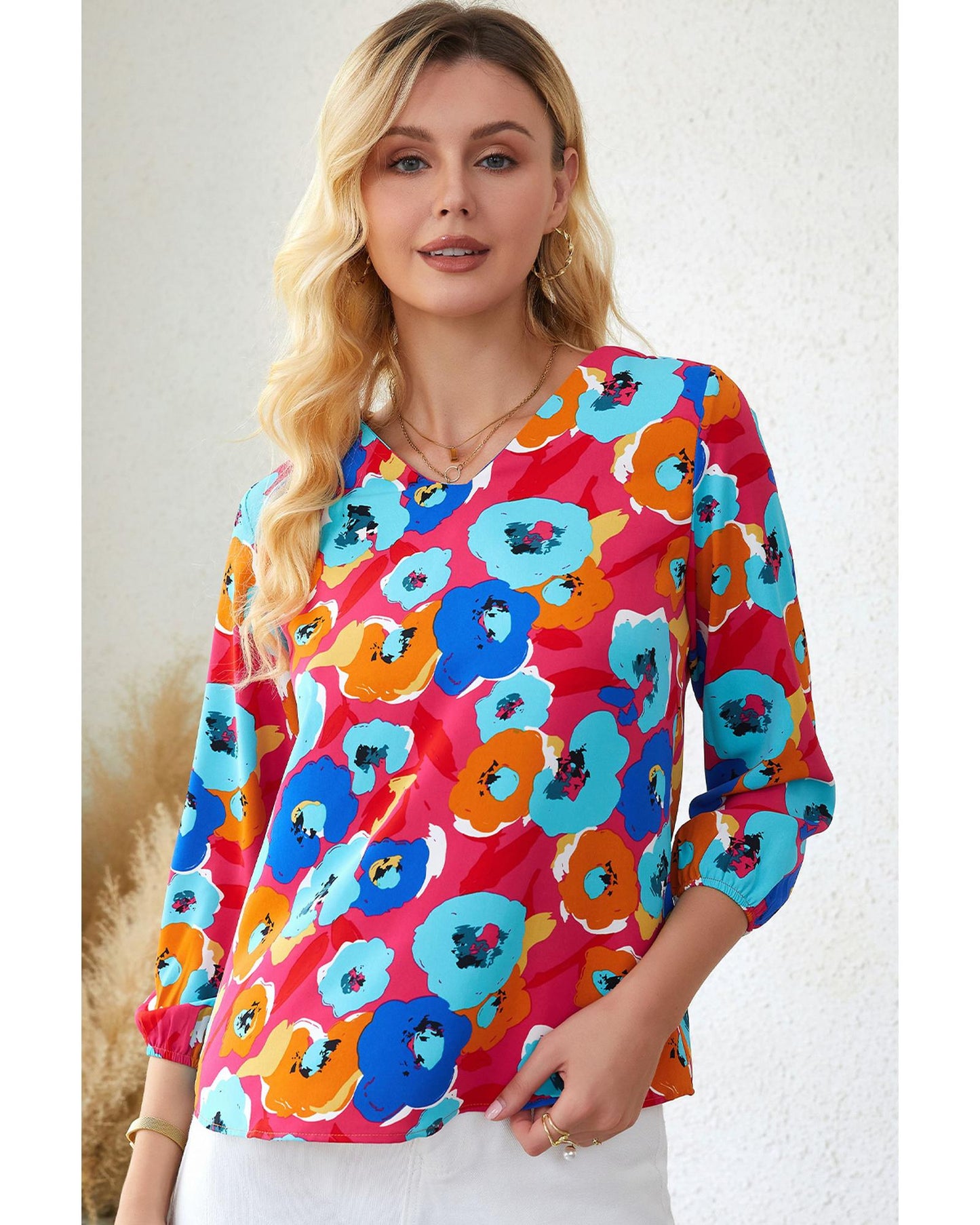 Azura Exchange V Neck 3/4 Sleeve Floral Print Blouse - M