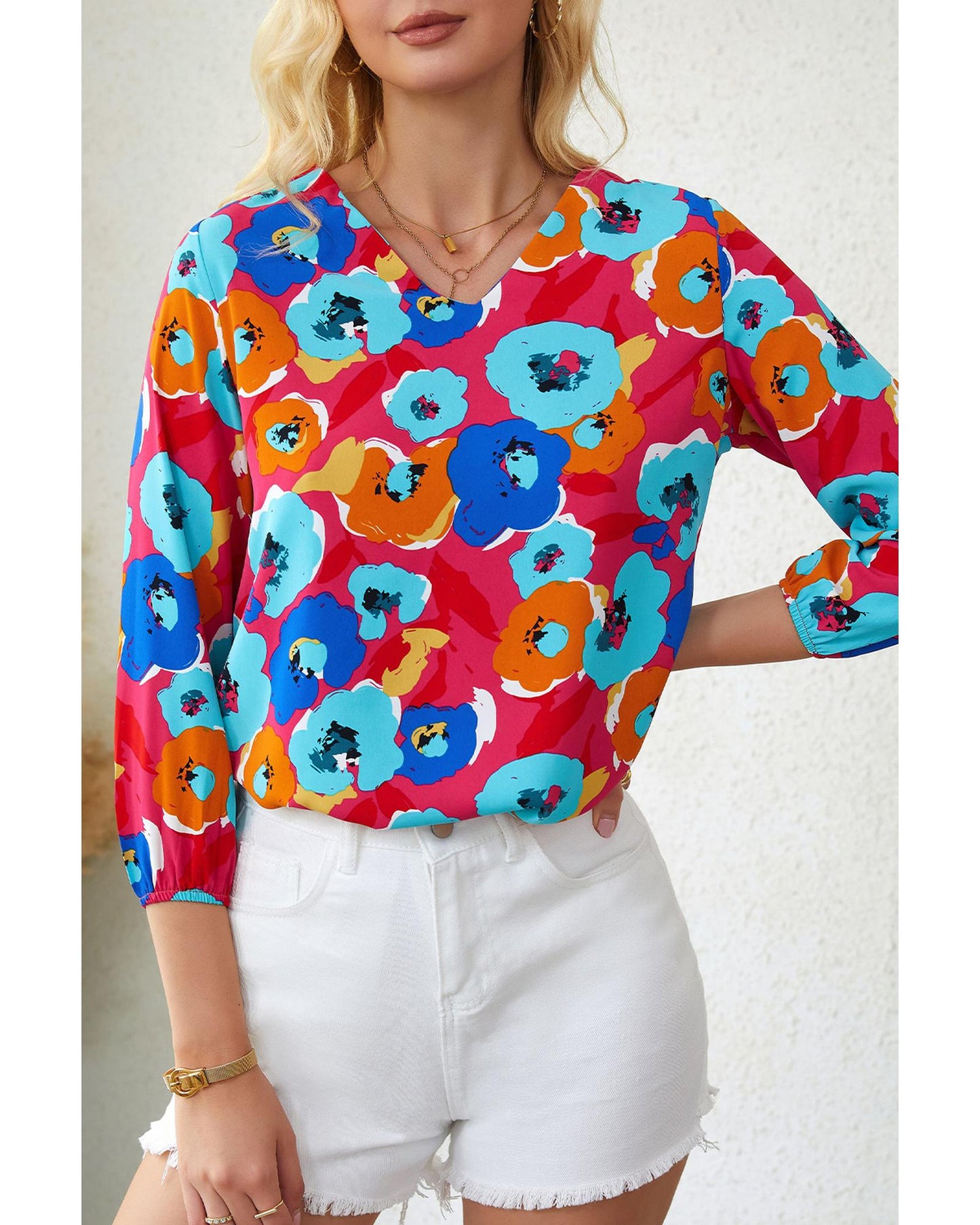 Azura Exchange V Neck 3/4 Sleeve Floral Print Blouse - M