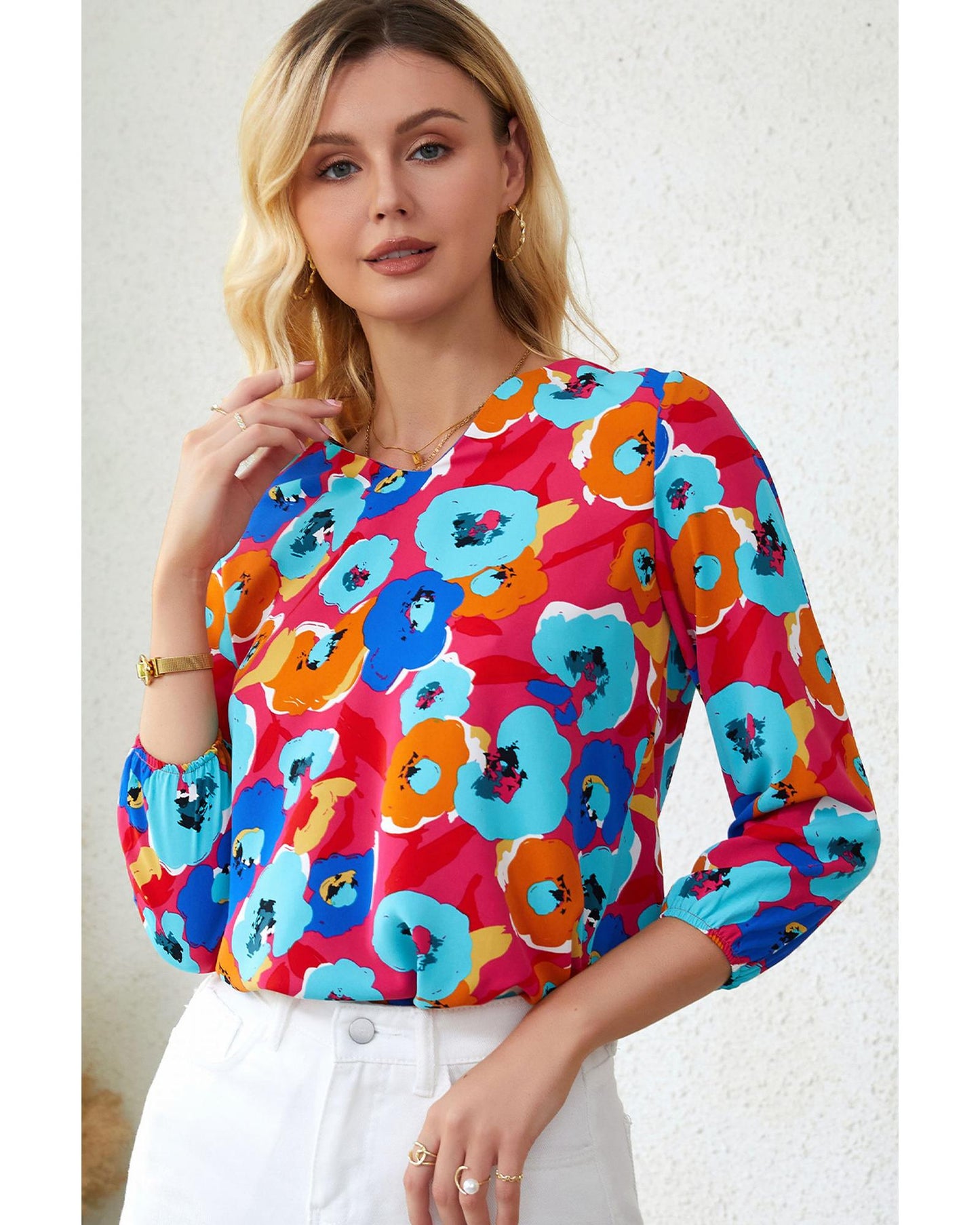 Azura Exchange V Neck 3/4 Sleeve Floral Print Blouse - M