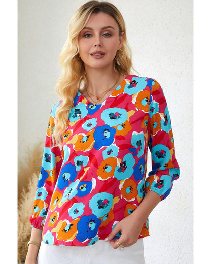 Azura Exchange V Neck 3/4 Sleeve Floral Print Blouse - XL