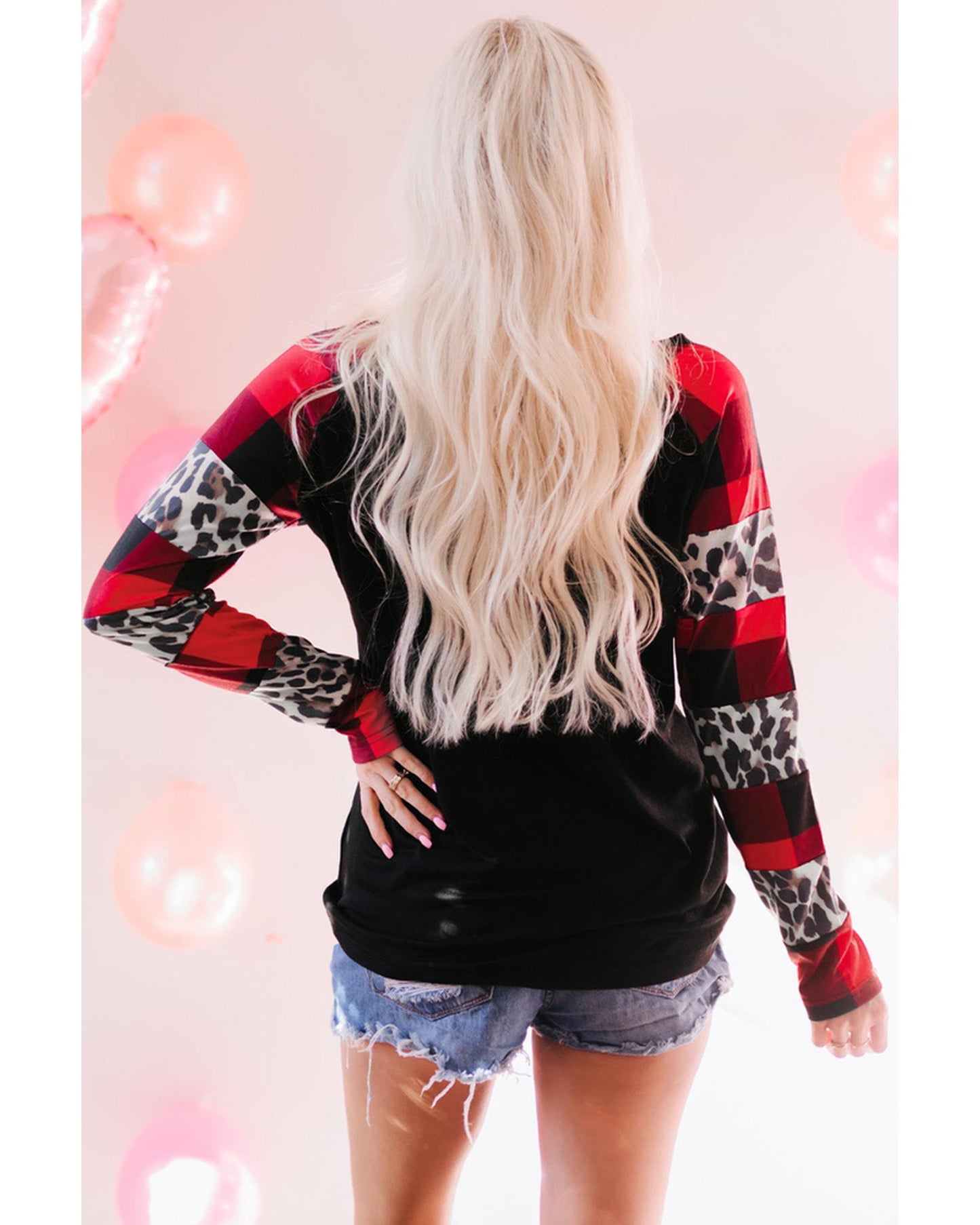 Azura Exchange Heart Print Plaid Leopard Joint Sleeve Blouse - M