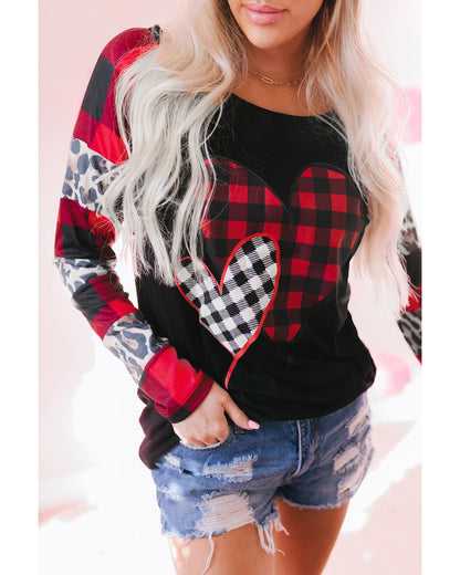 Azura Exchange Heart Print Plaid Leopard Joint Sleeve Blouse - M