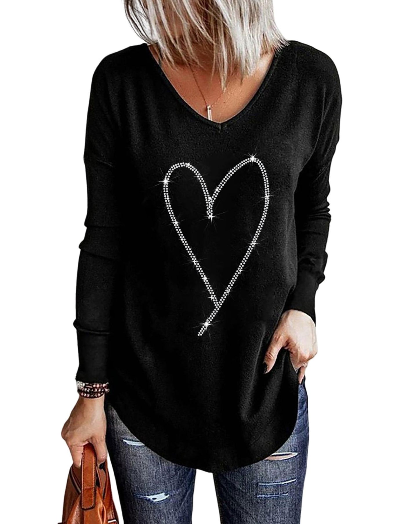 Azura Exchange Heart Shaped V Neck Long Sleeve Top with Rhinestone Embellishment - M