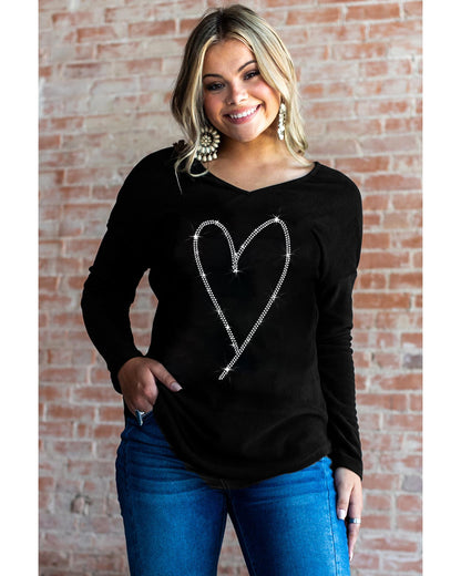 Azura Exchange Heart Shaped V Neck Long Sleeve Top with Rhinestone Embellishment - M