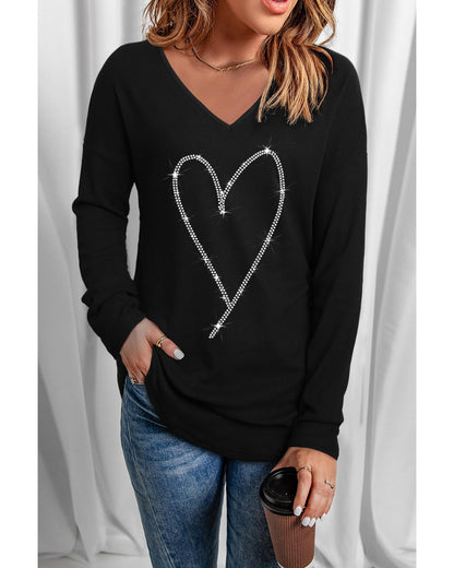 Azura Exchange Heart Shaped V Neck Long Sleeve Top with Rhinestone Embellishment - M