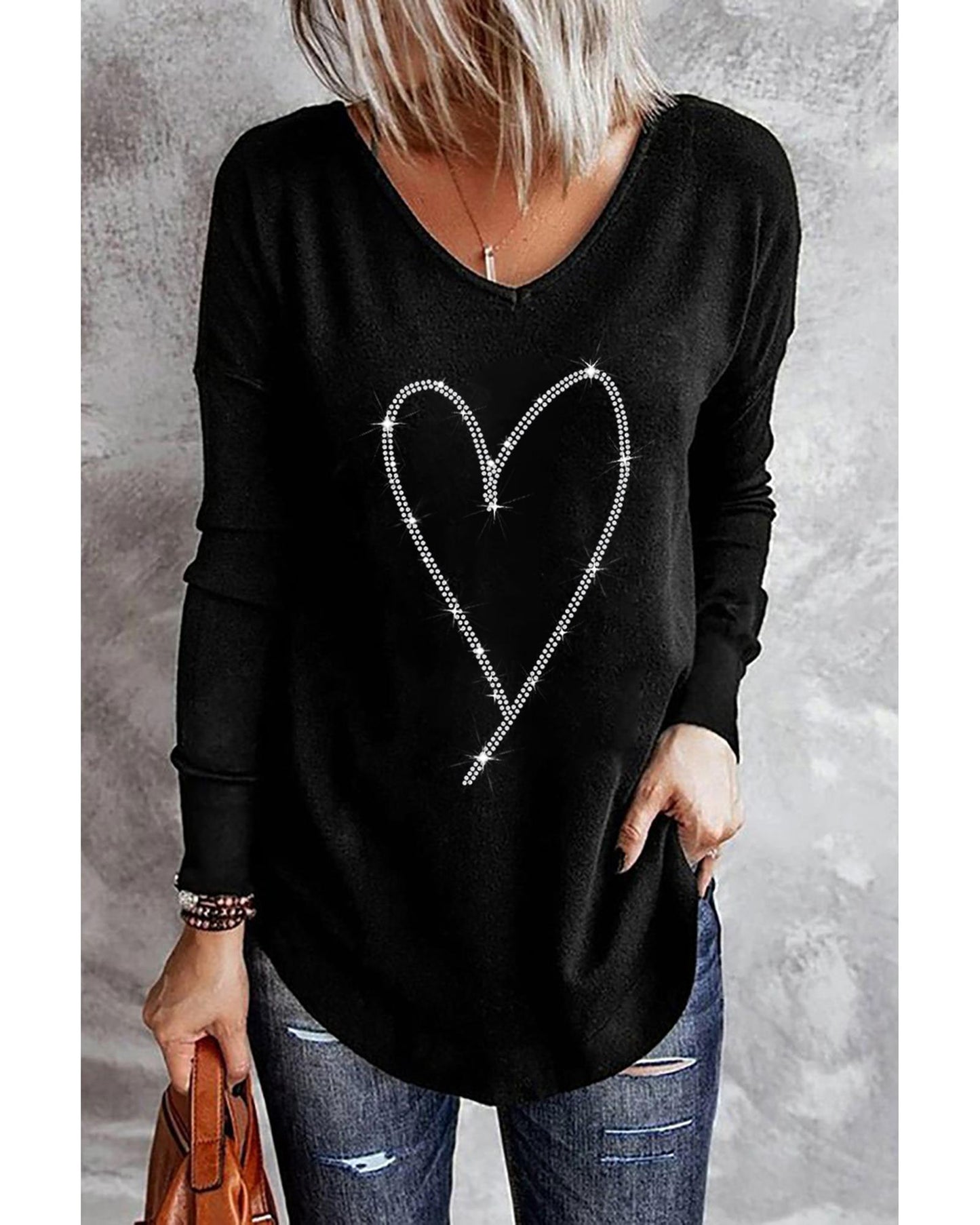 Azura Exchange Heart Shaped V Neck Long Sleeve Top with Rhinestone Embellishment - S