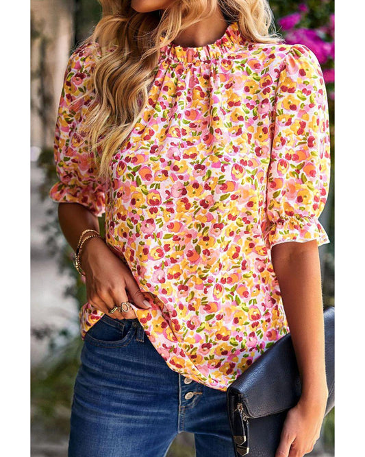 Azura Exchange Floral Ruffle Mock Neck Blouse - M