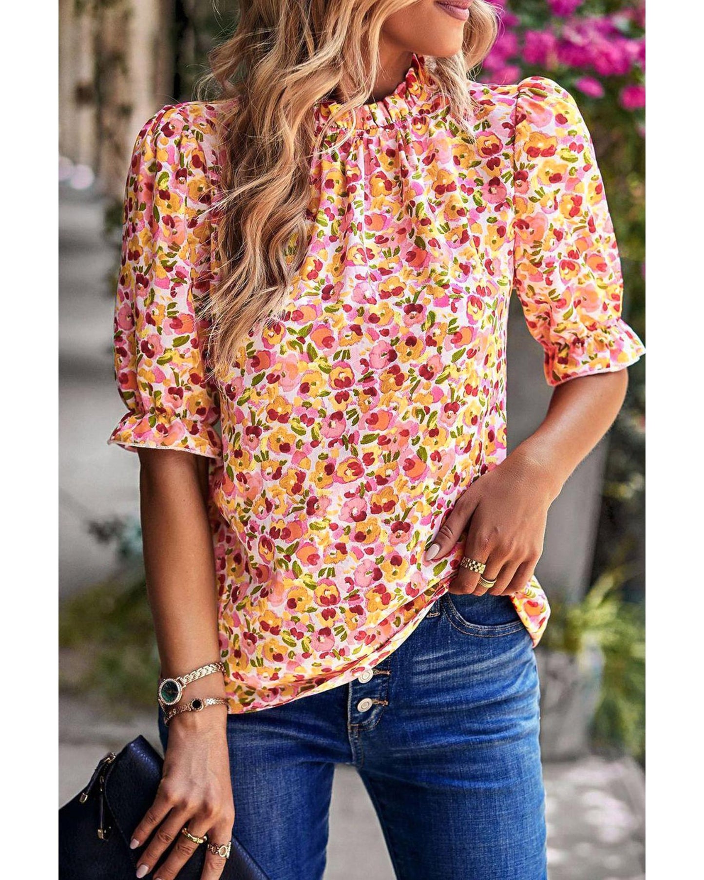 Azura Exchange Floral Ruffle Mock Neck Blouse - M