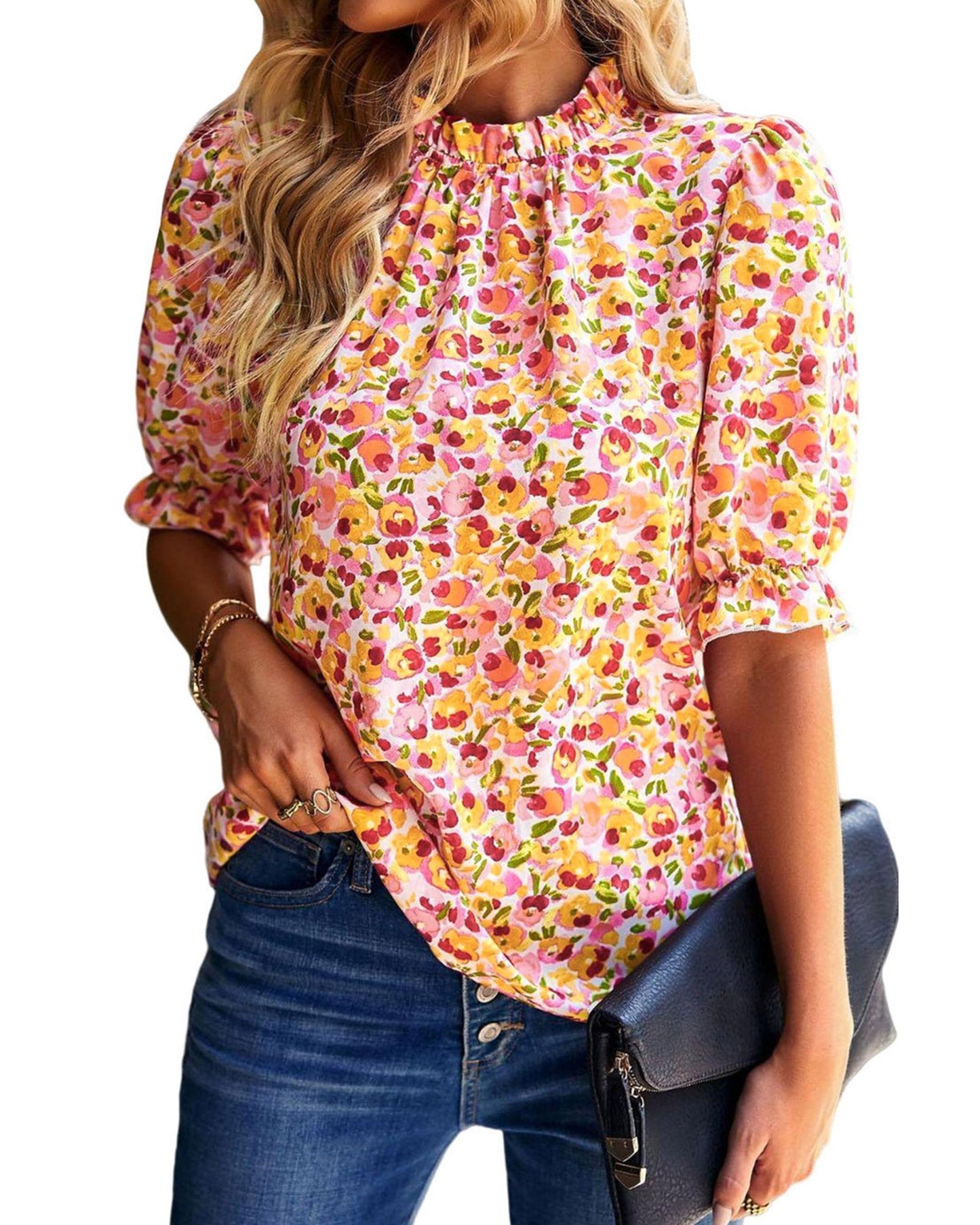 Azura Exchange Floral Ruffle Mock Neck Blouse - M