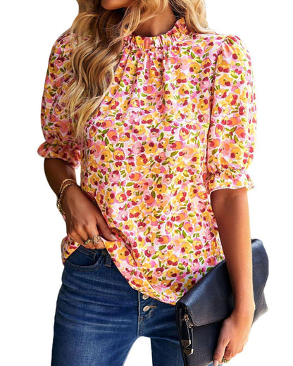 Azura Exchange Floral Ruffle Mock Neck Blouse - S