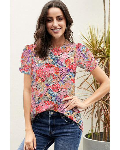 Azura Exchange Floral Pattern Bubble Sleeve Blouse - L