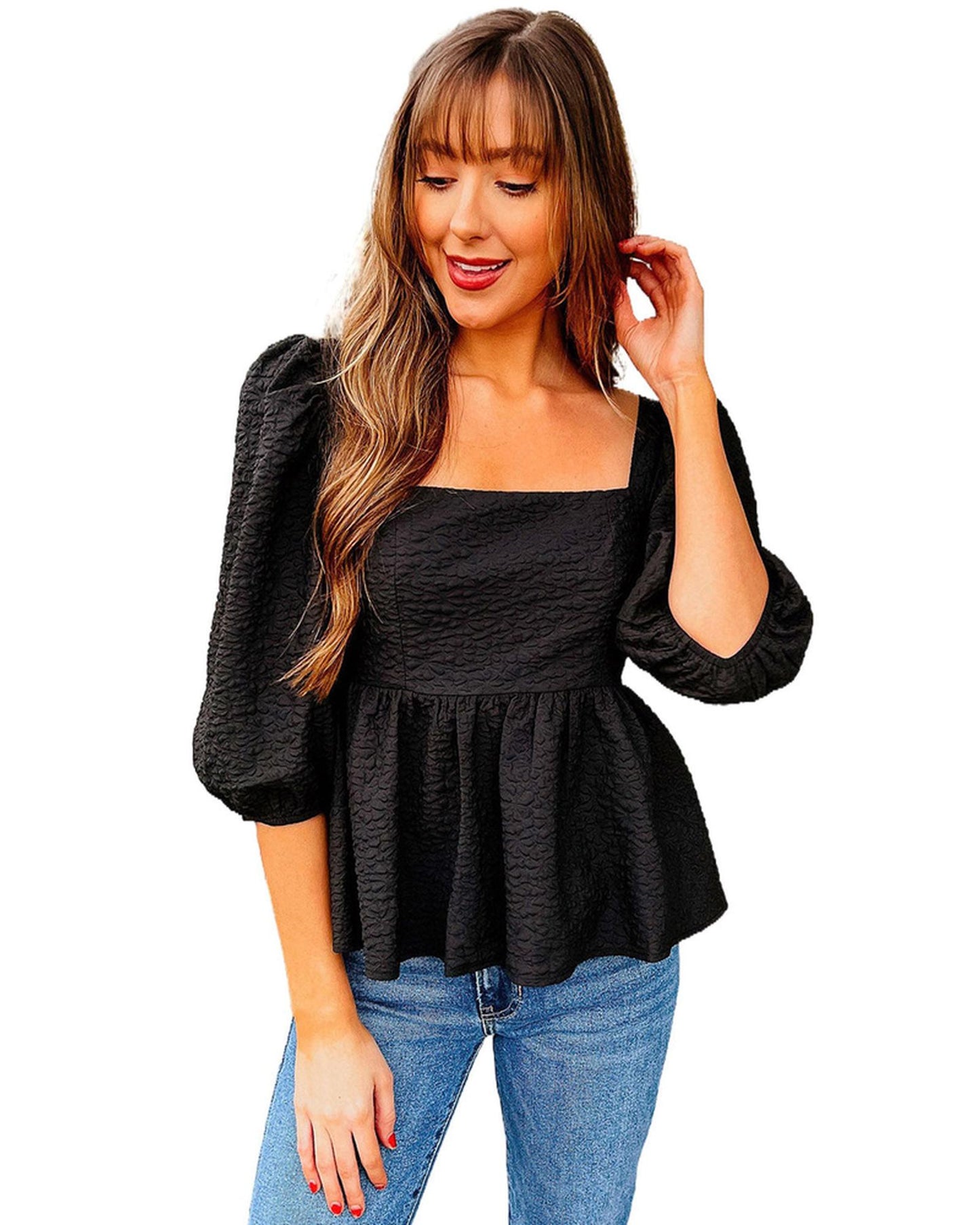 Azura Exchange Textured Square Neck Puff Sleeve Peplum Blouse - L