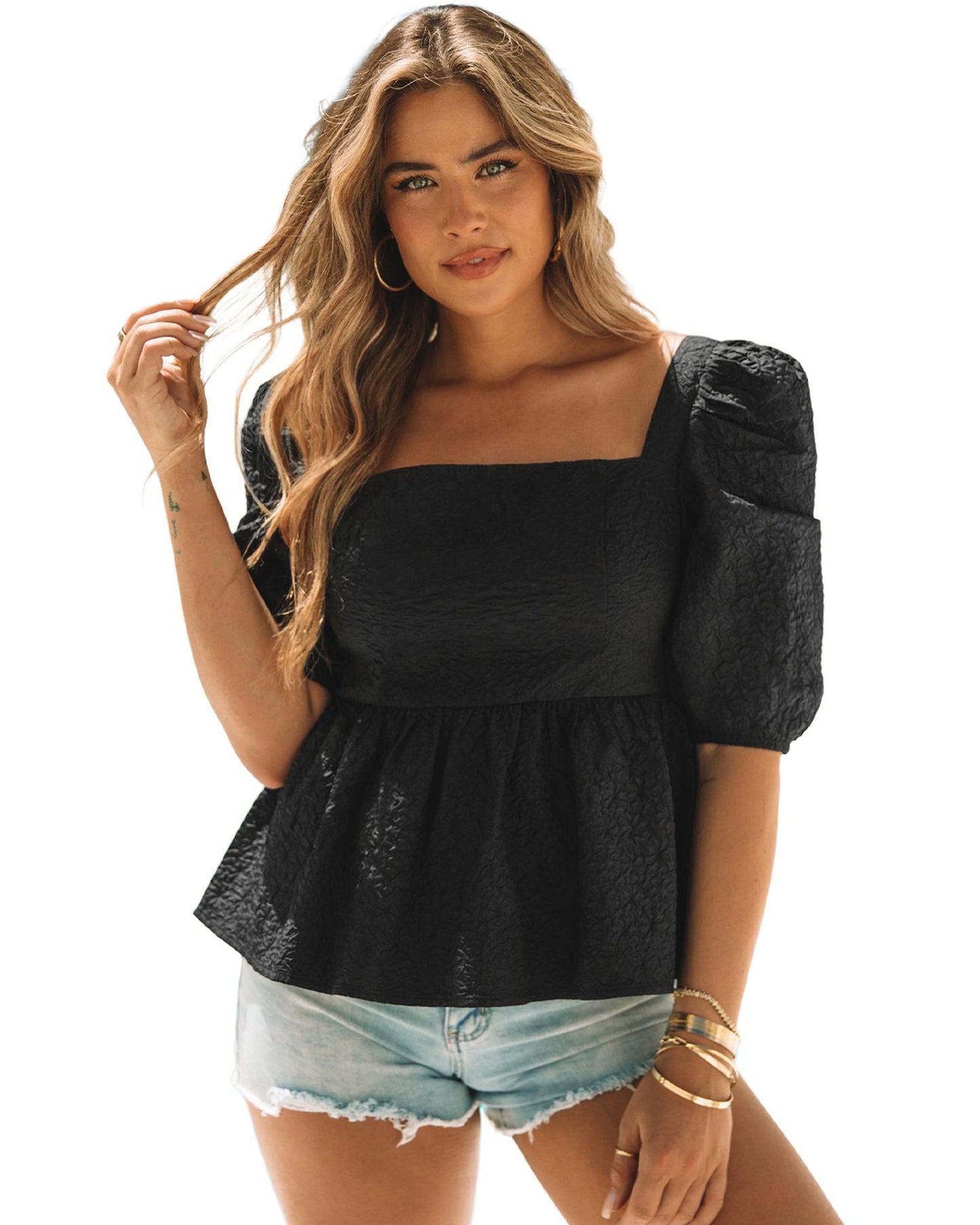 Azura Exchange Textured Square Neck Puff Sleeve Peplum Blouse - M