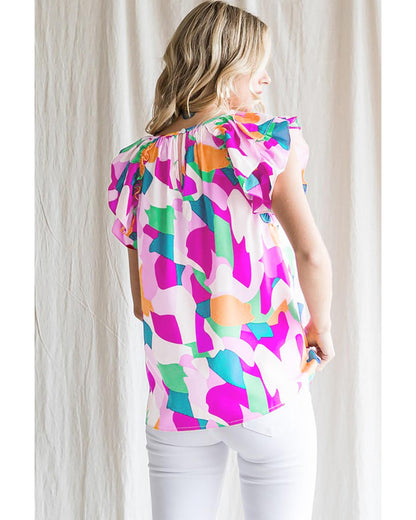 Azura Exchange Abstract Pattern Ruffle Short Sleeves Blouse - L