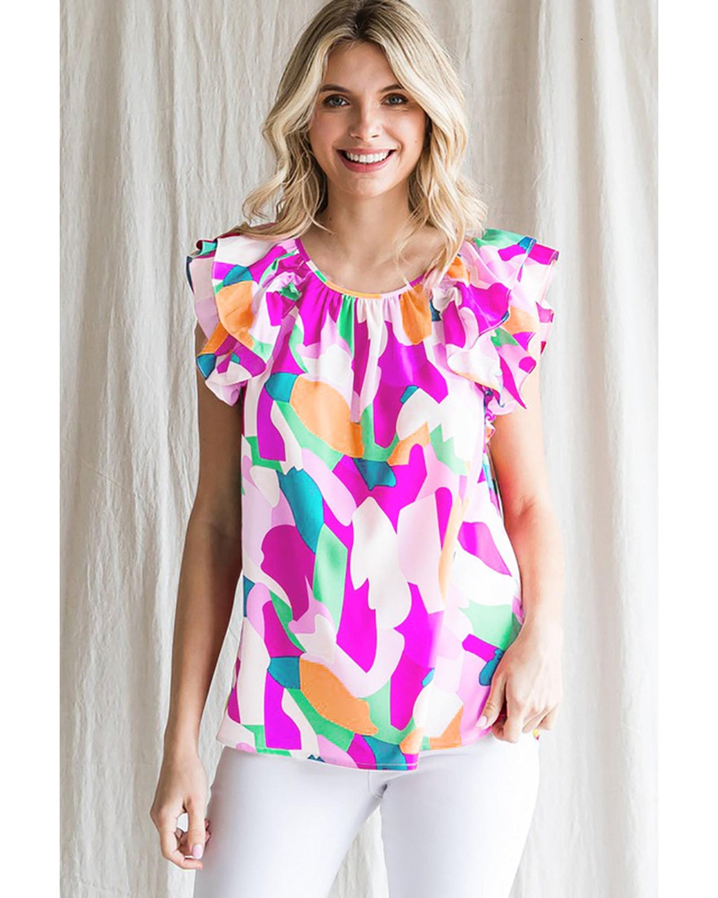 Azura Exchange Abstract Pattern Ruffle Short Sleeves Blouse - L