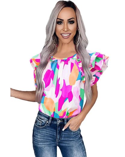 Azura Exchange Abstract Pattern Ruffle Short Sleeves Blouse - L