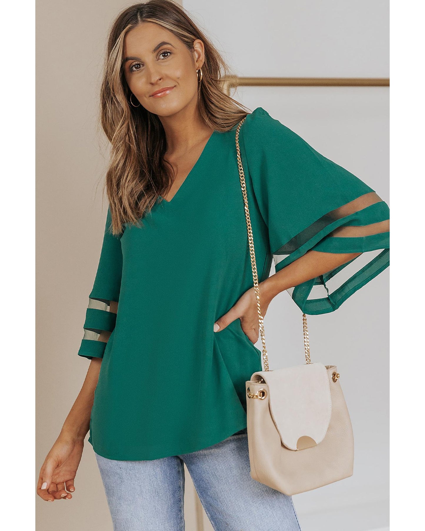 Azura Exchange Flare Sleeve V Neck Loose Blouse - S