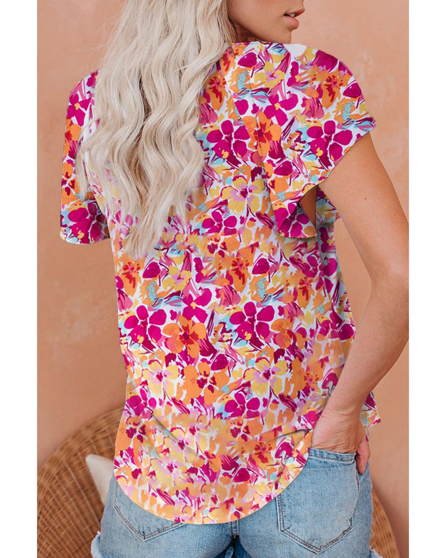 Azura Exchange Floral Print Top with Flutter Sleeves - M