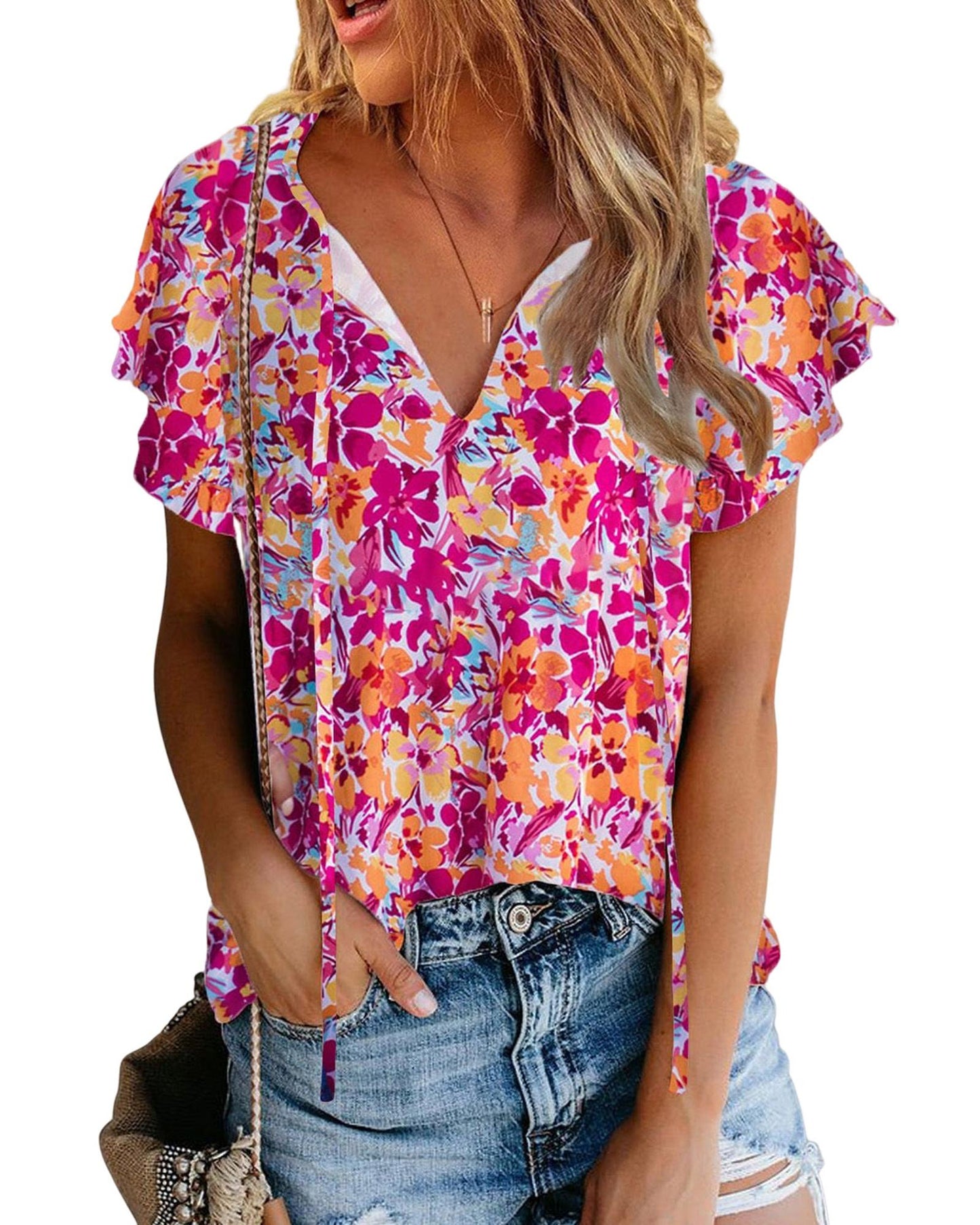 Azura Exchange Floral Print Top with Flutter Sleeves - M