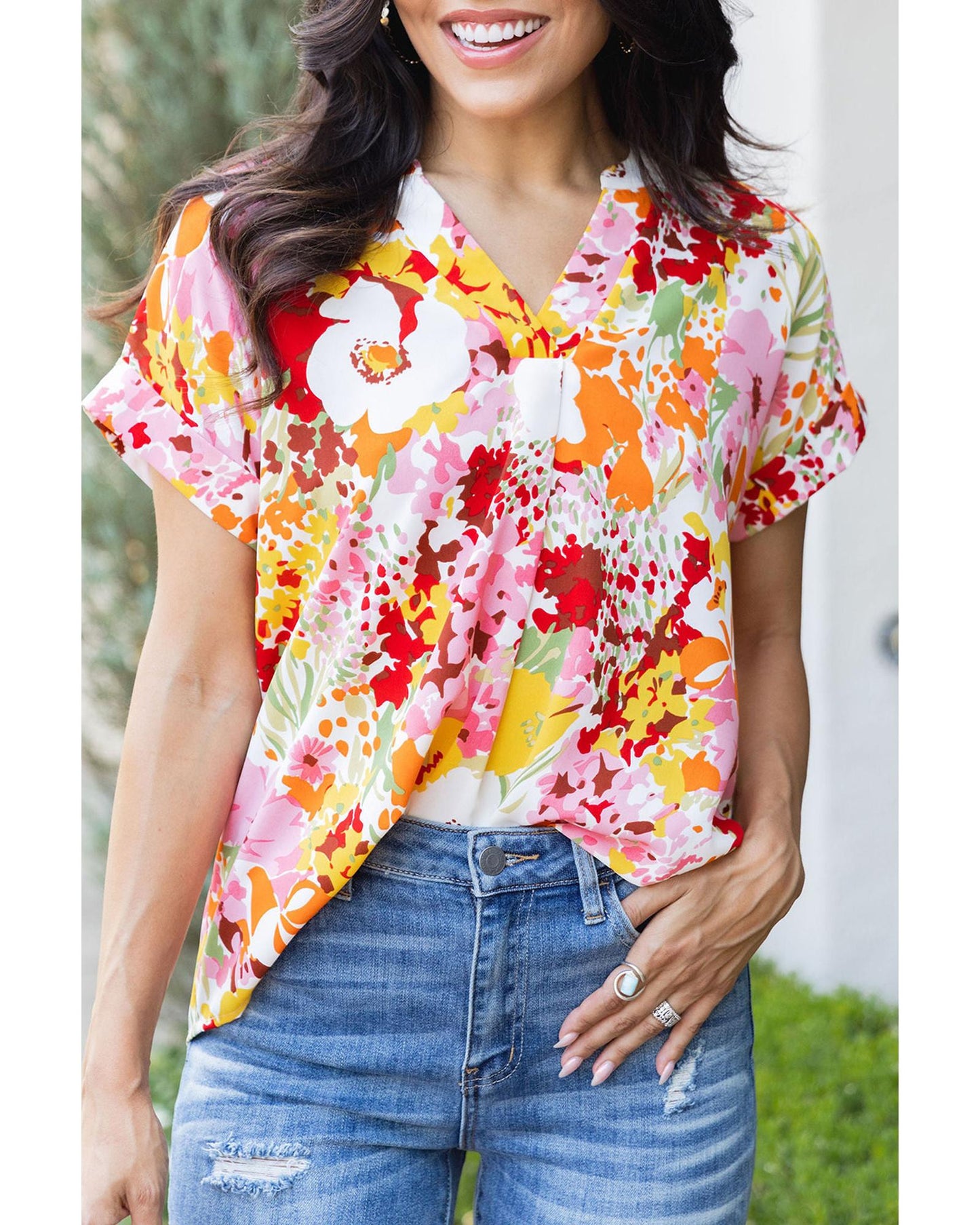 Azura Exchange Floral Print V Neck Short Sleeves Top - L