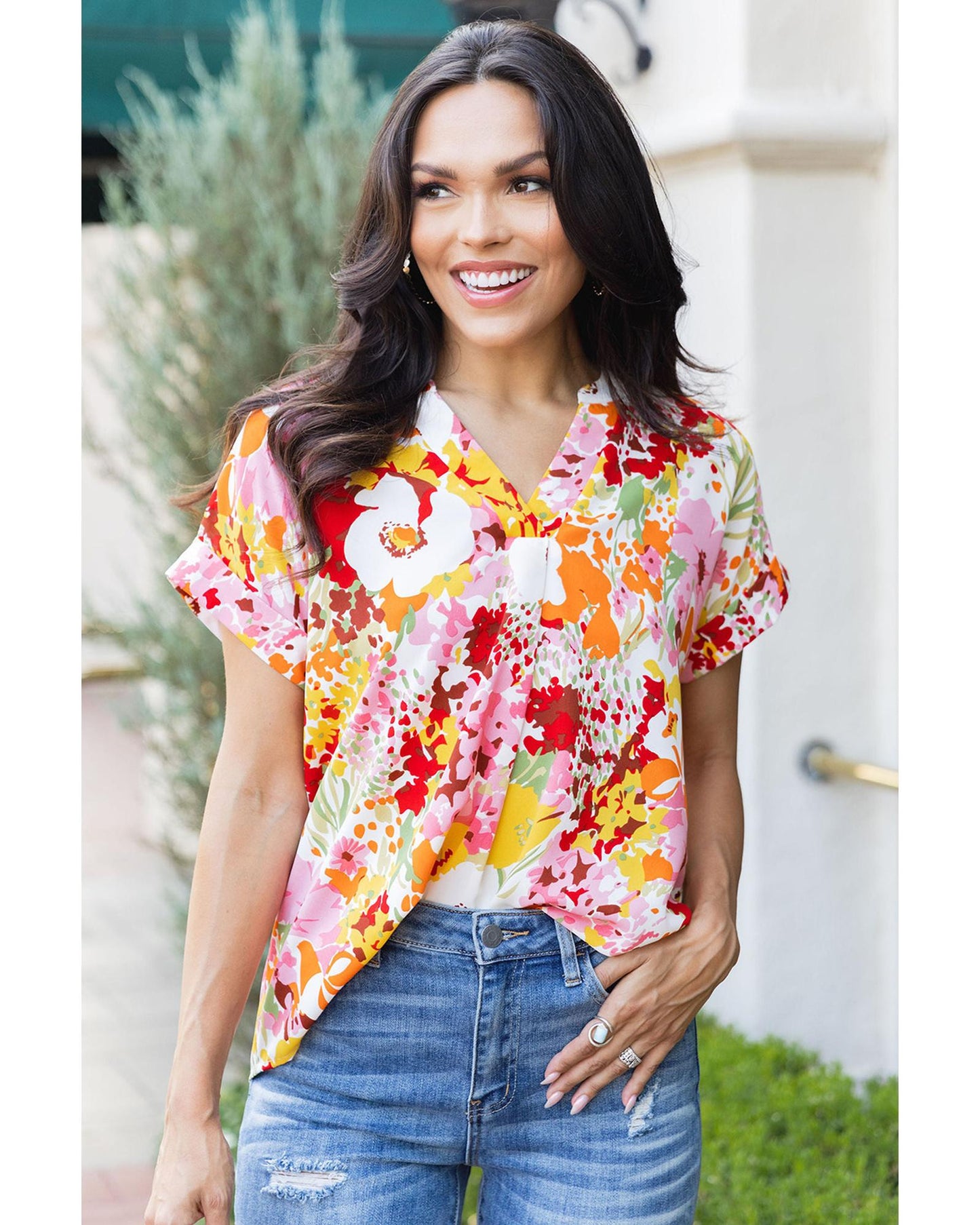 Azura Exchange Floral Print V Neck Short Sleeves Top - L