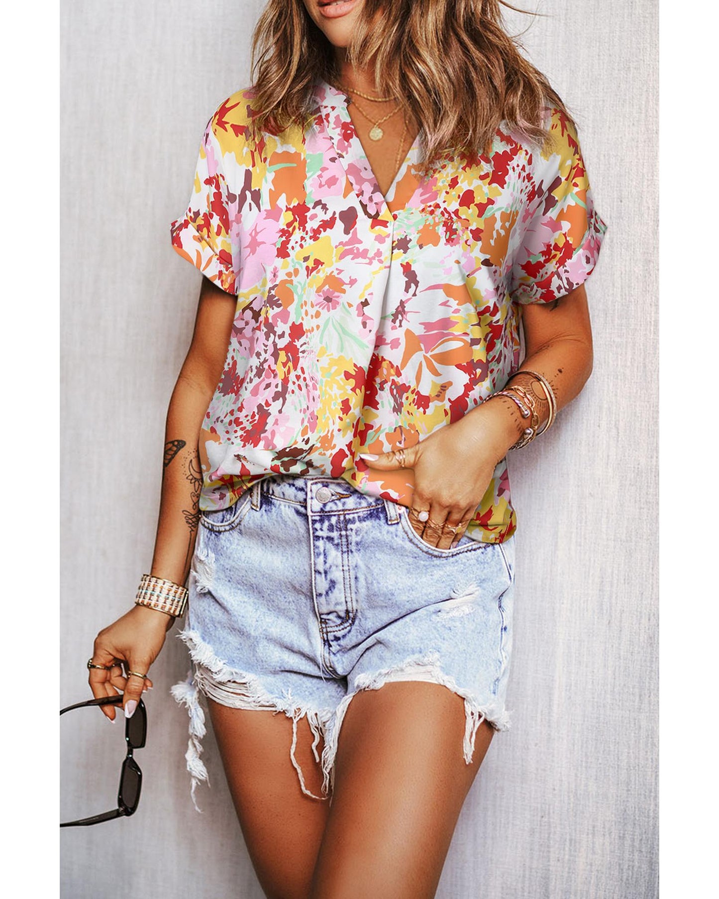 Azura Exchange Floral Print V Neck Short Sleeves Top - L