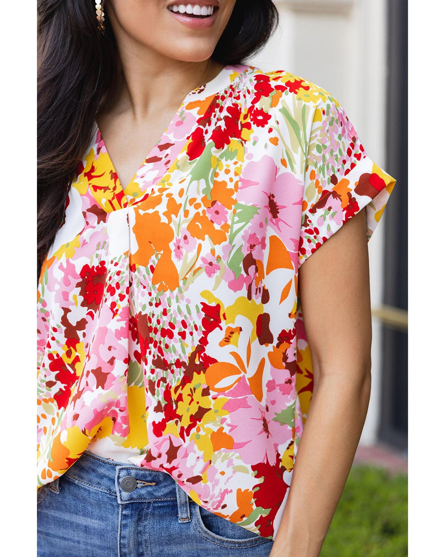 Azura Exchange Floral Print V Neck Short Sleeves Top - M