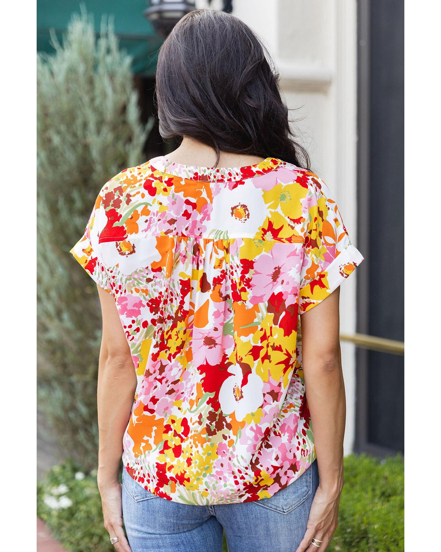 Azura Exchange Floral Print V Neck Short Sleeves Top - M