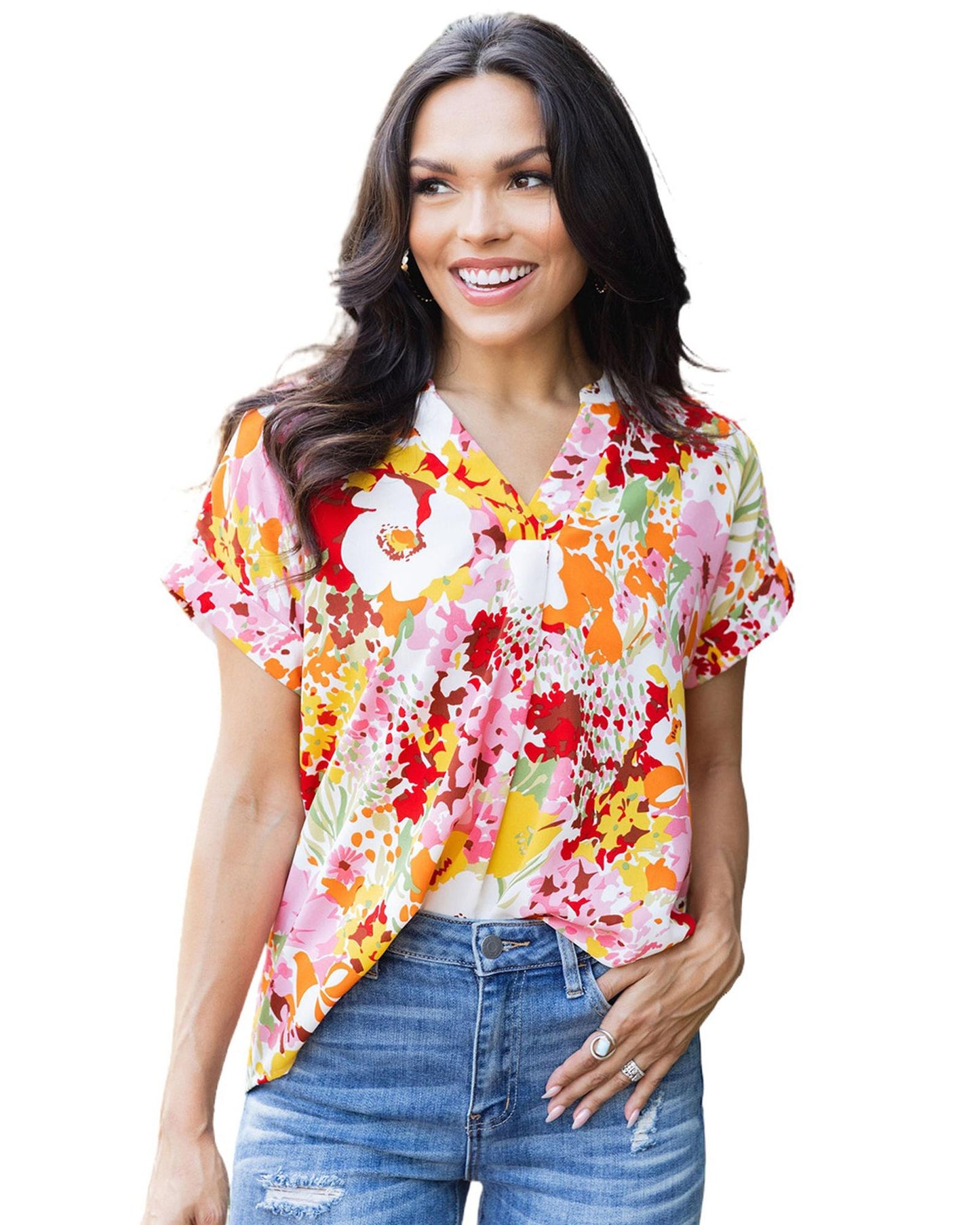 Azura Exchange Floral Print V Neck Short Sleeves Top - XL