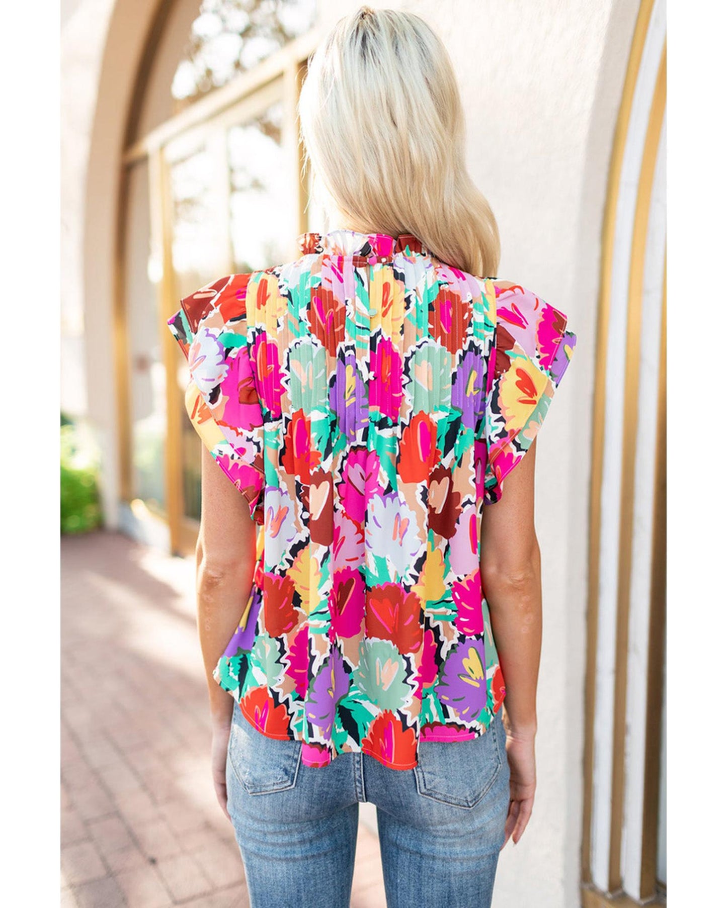 Azura Exchange Abstract Floral Print Frilled Neck Pleated Blouse - L