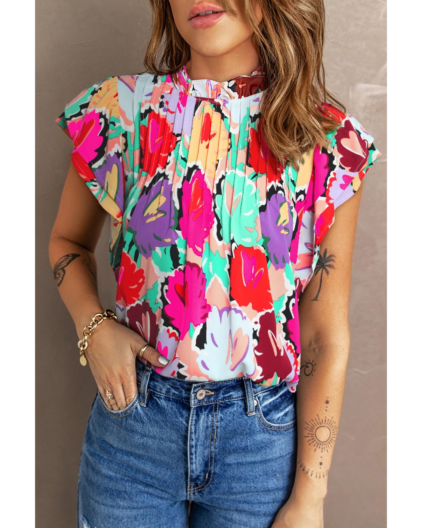 Azura Exchange Abstract Floral Print Frilled Neck Pleated Blouse - M