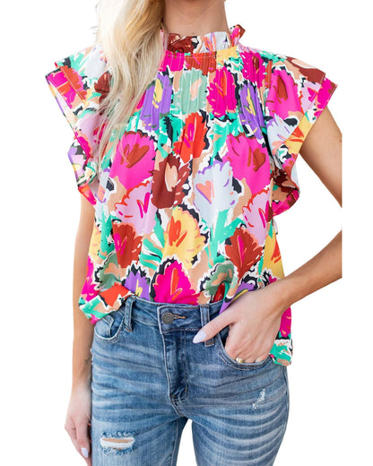 Azura Exchange Abstract Floral Print Frilled Neck Pleated Blouse - XL