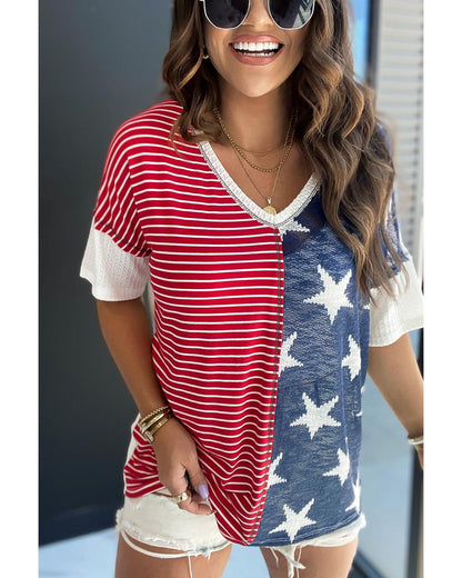 Azura Exchange Striped Star Print Knit Short Sleeve Top - S