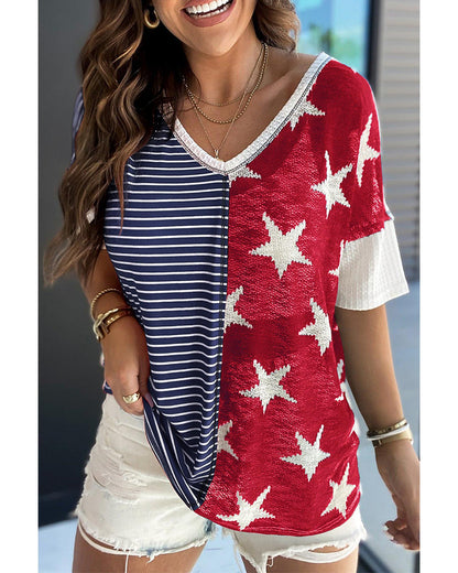 Azura Exchange Stripes Stars Print Knit Short Sleeves Top - M