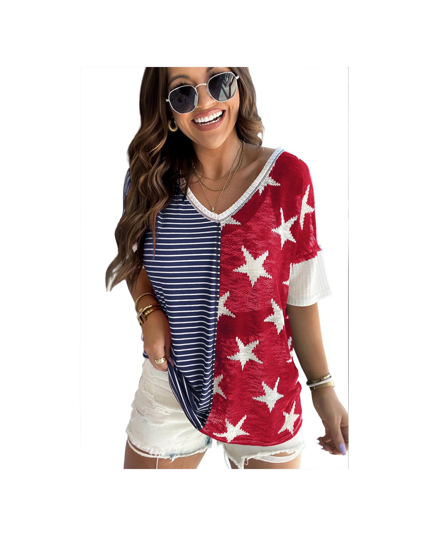 Azura Exchange Stripes Stars Print Knit Short Sleeves Top - M