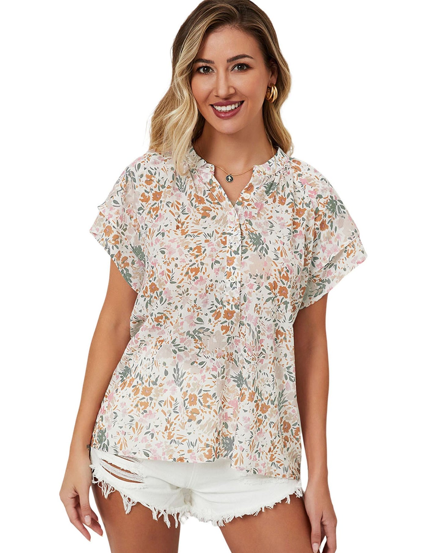 Azura Exchange Floral Mandarin Collar Top - S