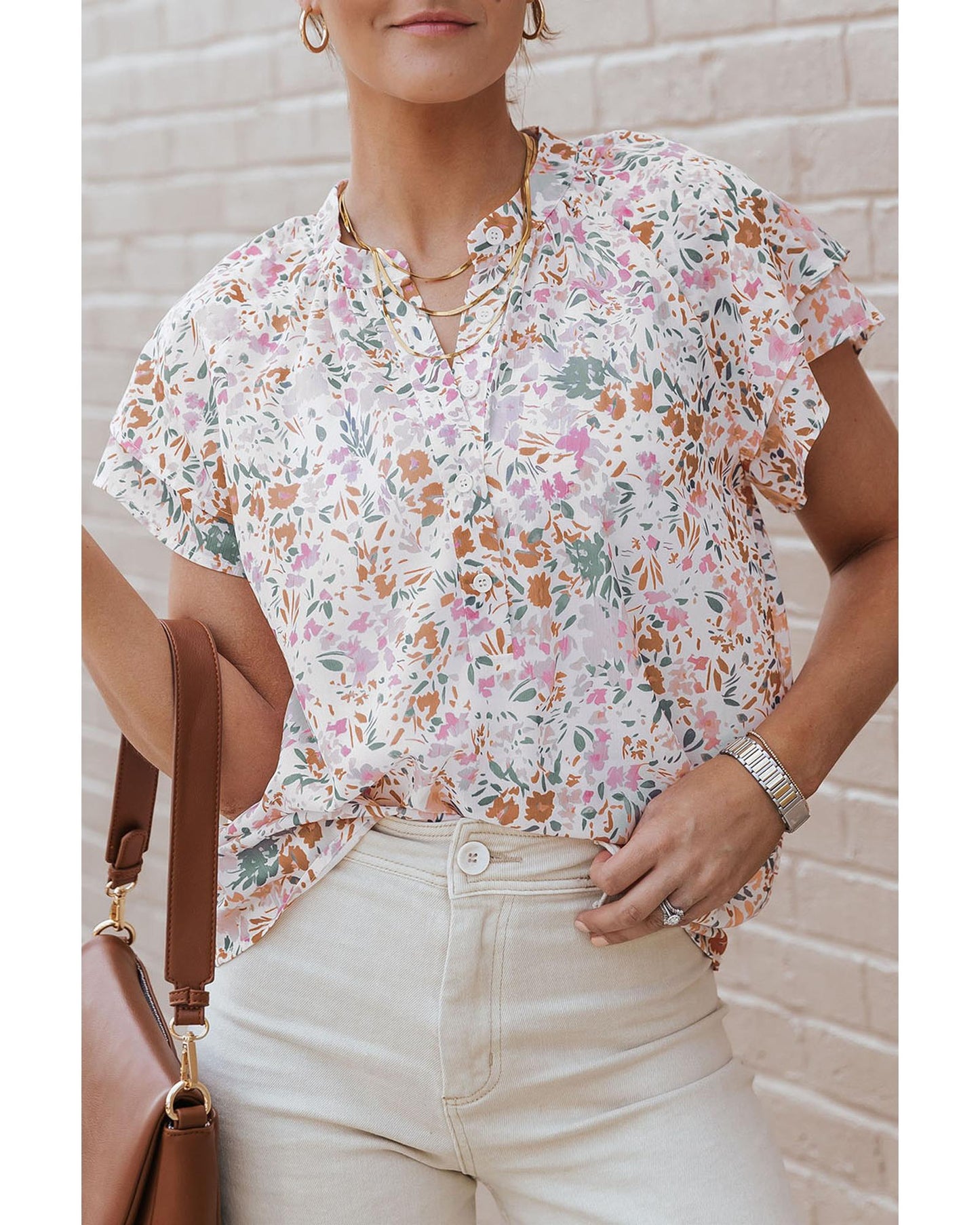 Azura Exchange Floral Mandarin Collar Top - S