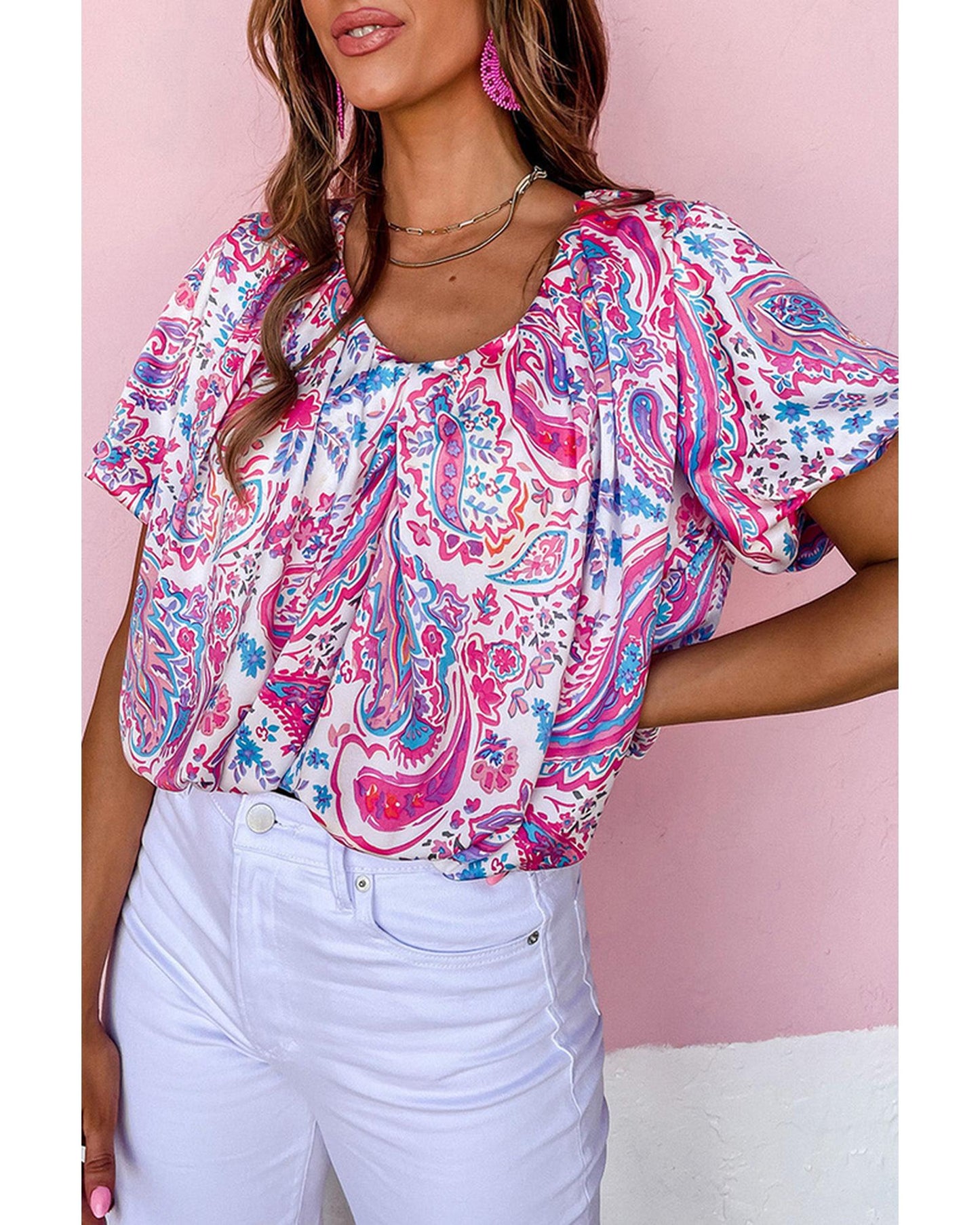 Azura Exchange Paisley Print Puff Sleeve Blouse - L