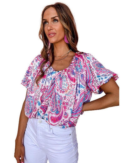 Azura Exchange Paisley Print Puff Sleeve Blouse - L