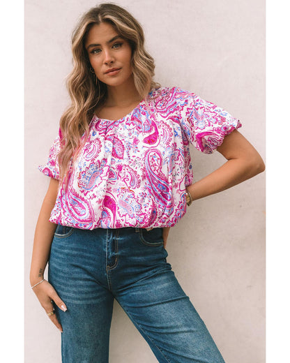 Azura Exchange Paisley Print Puff Sleeve Blouse - L